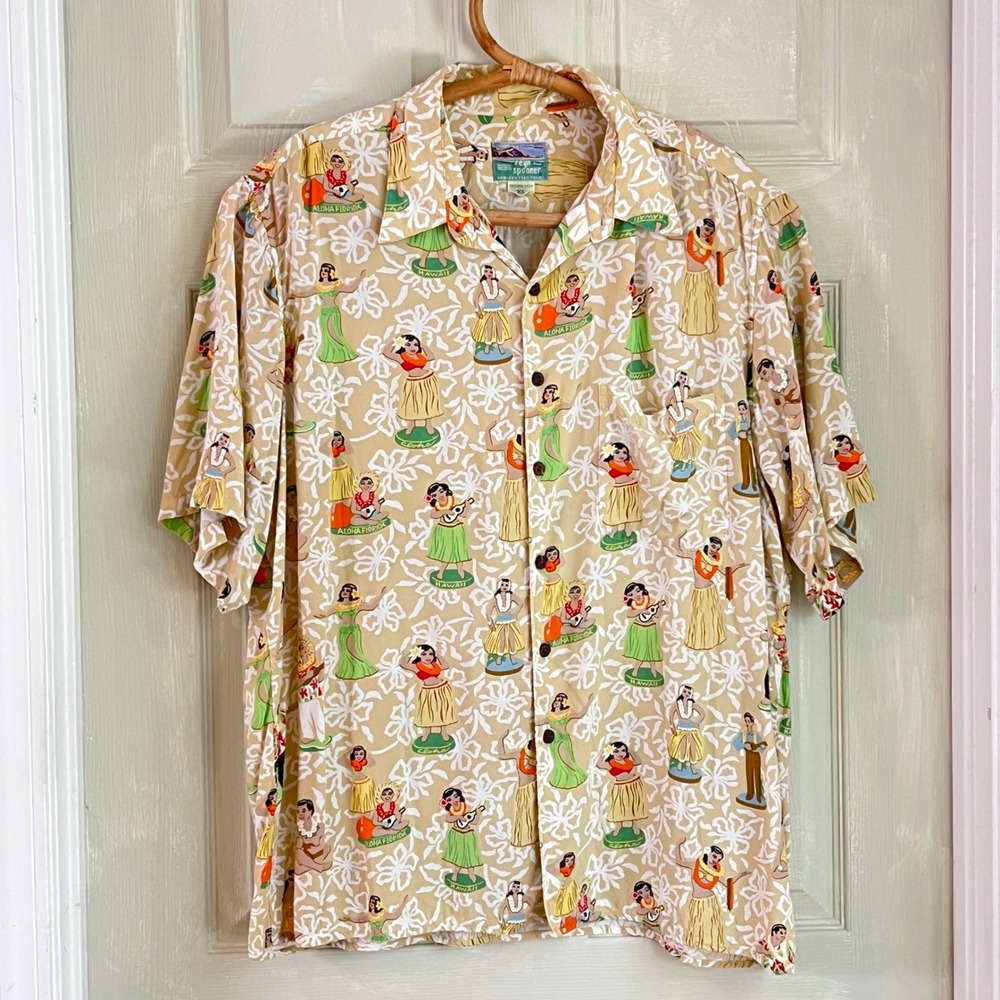 Reyn Spooner Hawaiian Shirt XL Mens Hula Girl Aloha Florida Spun Rayon Tan Aloha